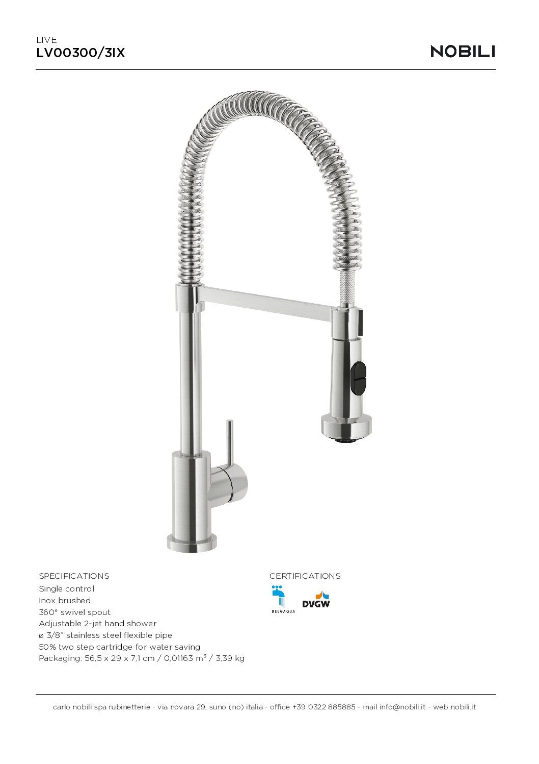 LV00300-3IX  ברז TECHקפיצי נשלף למטבח איטלקי מנירוסטה  NOBILI